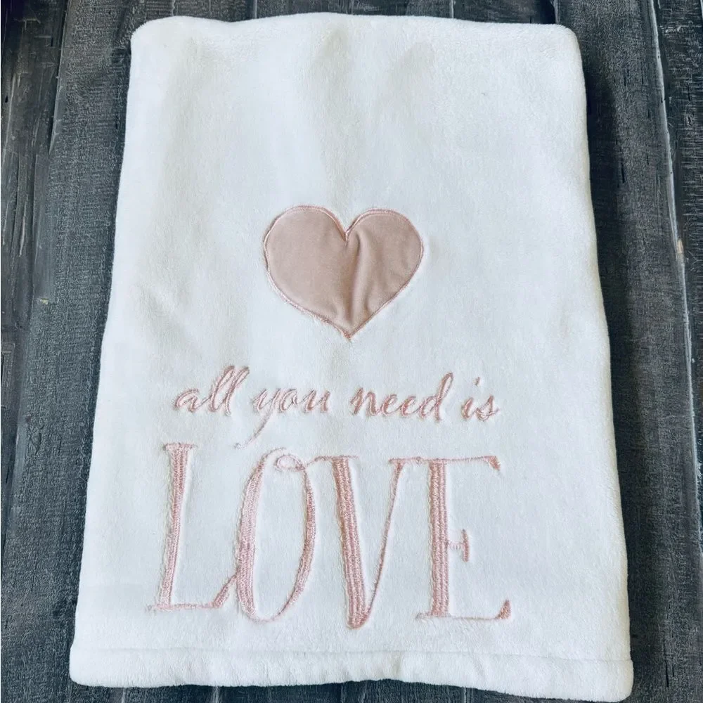 Levtex Baby Blanket Thick Plush Love Pink Heart Embroidery